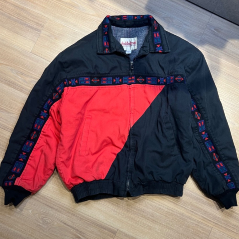 Saddlebrook Mens Jacket Vintage Southwestern Colorblock Bomber Black Red Large